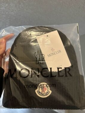 Moncler Black Knit Beanie with Logo Patch